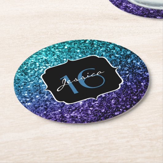 Aqua blue Ombre glitter sparkles Sweet 16 Ronde Kartonnen Onderzetter (Gebogen)
