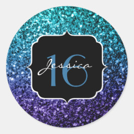 Aqua blue Ombre glitter sparkles Sweet 16 Ronde Sticker