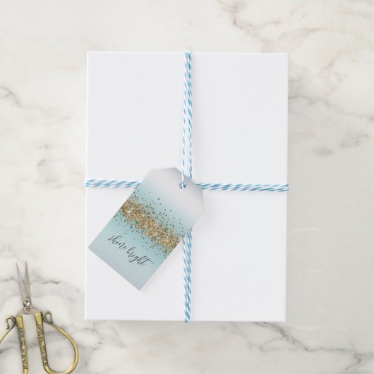 Aqua Blue Ombre Gold Glitzy Sparkle Cadeaulabel (Met Touw)