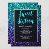 Aqua blue Ombre sparkles Sweet 16 elegant script Kaart (Voorkant / Achterkant)