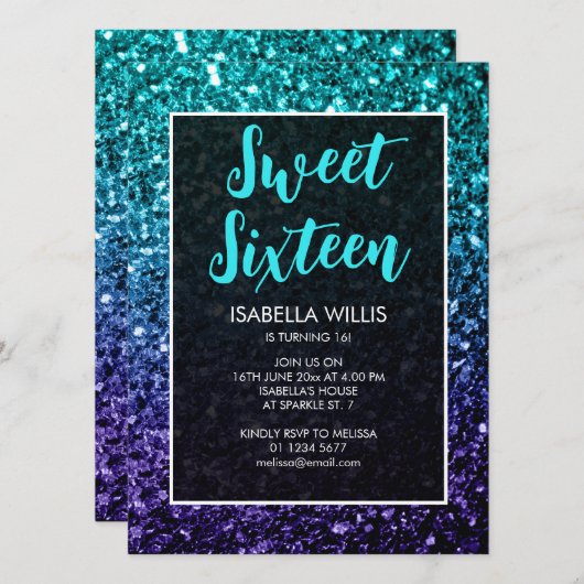 Aqua blue Ombre sparkles Sweet 16 elegant script Kaart (Voorkant / Achterkant)