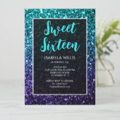 Aqua blue Ombre sparkles Sweet 16 elegant script Kaart (Staand voorkant)