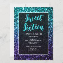 Aqua blue Ombre sparkles Sweet 16 elegant script