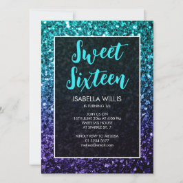 Aqua blue Ombre sparkles Sweet 16 elegant script Kaart