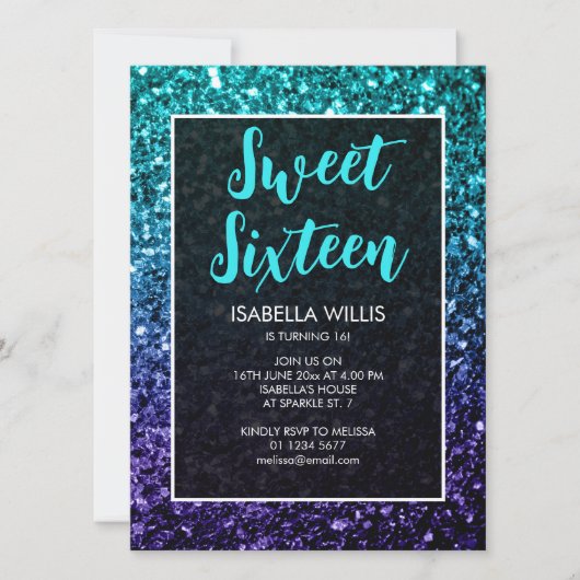 Aqua blue Ombre sparkles Sweet 16 elegant script Kaart (Voorkant)