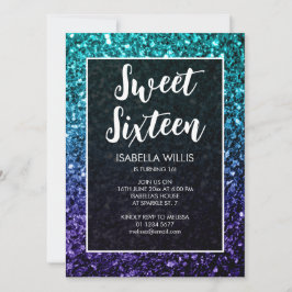 Aqua blue Ombre sparkles Sweet 16 elegant script Kaart