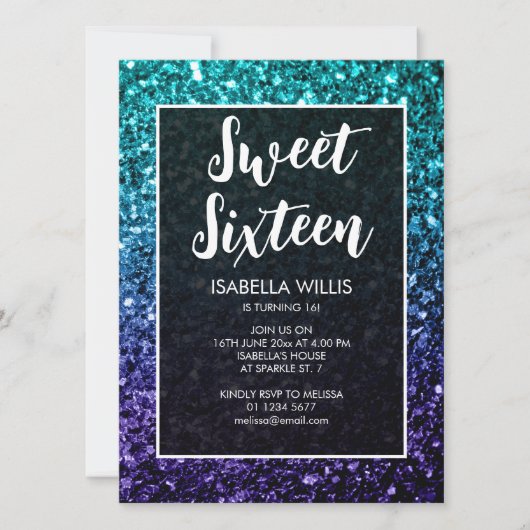 Aqua blue Ombre sparkles Sweet 16 elegant script Kaart (Voorkant)