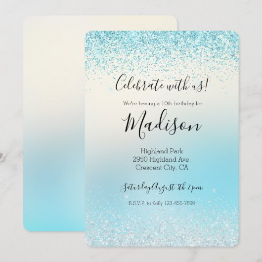Aqua Blue Ombre Tie-kleurstof Glitzy Sparkle Glitt Kaart (Voorkant / Achterkant)