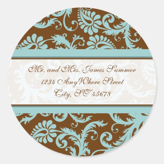 Aqua Blue op Brown Damask Address Wedding Stickers (Voorkant)