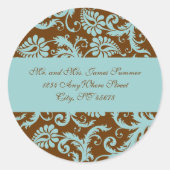 Aqua Blue op Brown Damask Address Wedding Stickers (Voorkant)