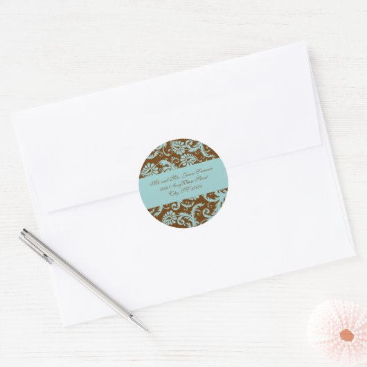 Aqua Blue op Brown Damask Address Wedding Stickers (Envelop)