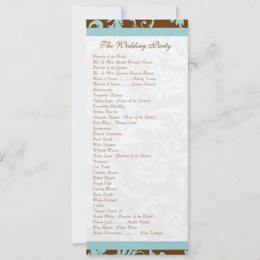 Aqua Blue op Brown Damask Swirl Wedding Invitation Kaart (Achterkant)