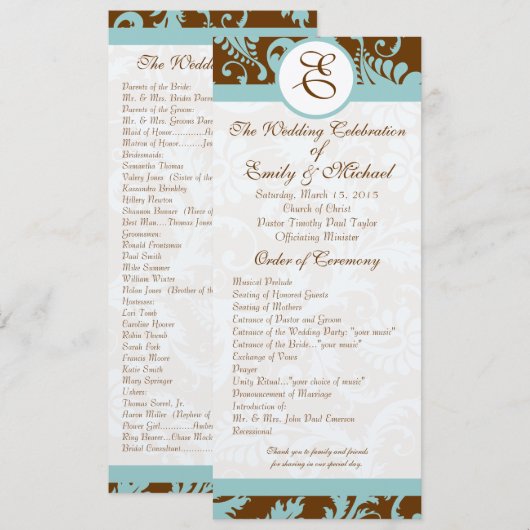 Aqua Blue op Brown Damask Swirl Wedding Invitation Kaart (Voorkant / Achterkant)