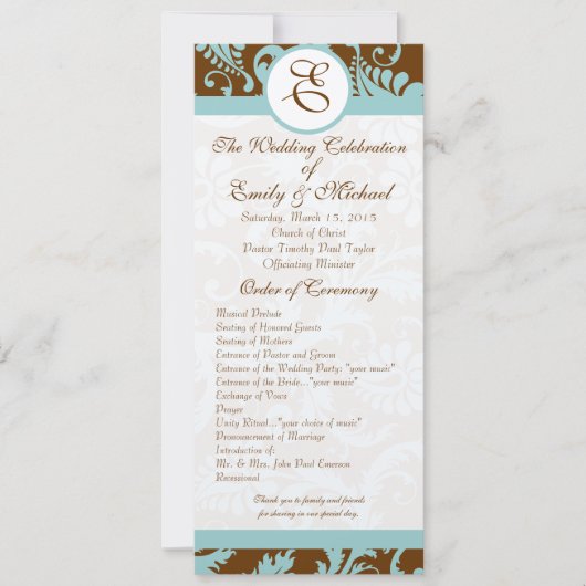 Aqua Blue op Brown Damask Swirl Wedding Invitation Kaart (Voorkant)