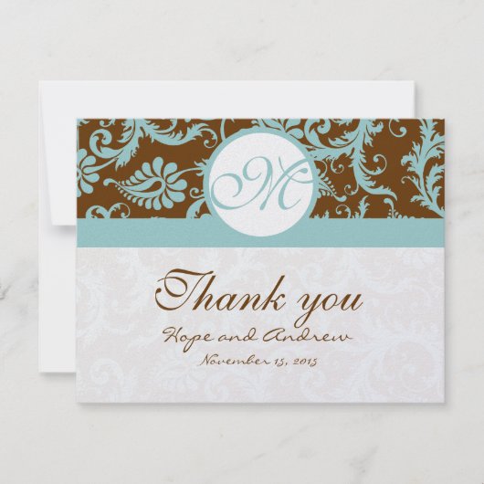 Aqua Blue op bruin Damask Wedding Bedankt kaarten (Voorkant)
