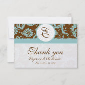Aqua Blue op bruin Damask Wedding Bedankt kaarten (Voorkant)