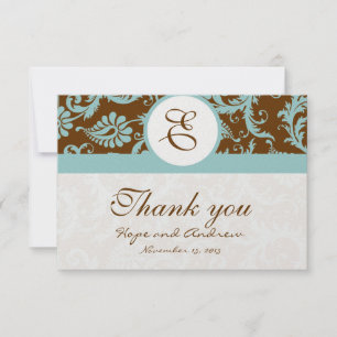 Aqua Blue op bruin Damask Wedding Bedankt kaarten