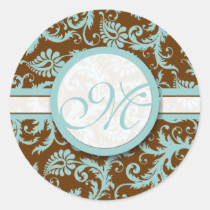 Aqua Blue op bruine Stickers rond het Damask-huwel