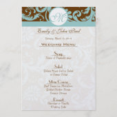 Aqua Blue op het bruin-Damask-bruiloft menu (Achterkant)