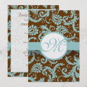 Aqua Blue op het bruin-Damask-bruiloft menu (Voorkant / Achterkant)