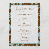 Aqua Blue op het bruin-Damask-bruiloft menu (Achterkant)