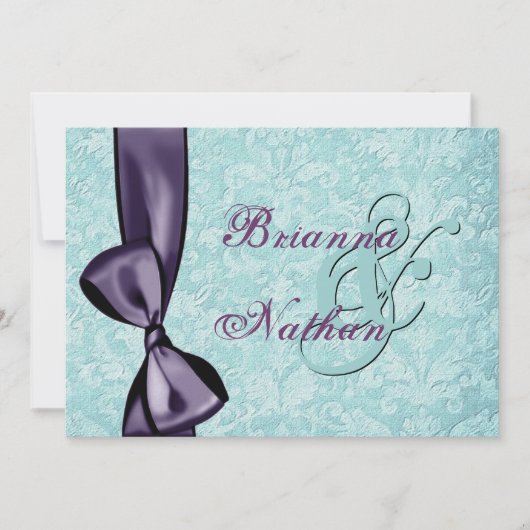 Aqua Blue Paars Damask Bow Wedding Invitation Kaart (Voorkant)