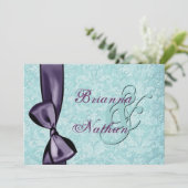 Aqua Blue Paars Damask Bow Wedding Invitation Kaart (Staand voorkant)