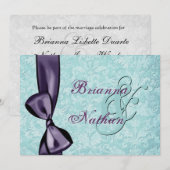 Aqua Blue Paars Damask Bow Wedding Invitation Kaart (Voorkant / Achterkant)