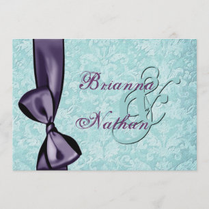 Aqua Blue Paars Damask Bow Wedding Invitation Kaart