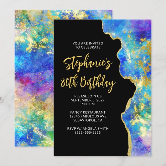 Aqua Blue Paars Fire Opal Gold Glam 80th Birthday Kaart (Voorkant / Achterkant)