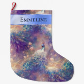 Aqua Blue Paarse Floral Pauw Kerstnaam Grote Kerstsok (Voorkant)