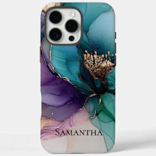 Aqua Blue Paarse Gouden Bloem iPhone 16 Pro Max Hoesje