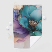  Aqua Blue Paarse Gouden Bloem Golfhanddoek (Insitu)