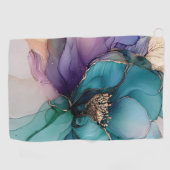  Aqua Blue Paarse Gouden Bloem Golfhanddoek (Horizontaal)