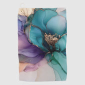  Aqua Blue Paarse Gouden Bloem Golfhanddoek (Voorkant)