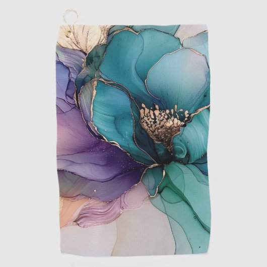  Aqua Blue Paarse Gouden Bloem Golfhanddoek (Voorkant)