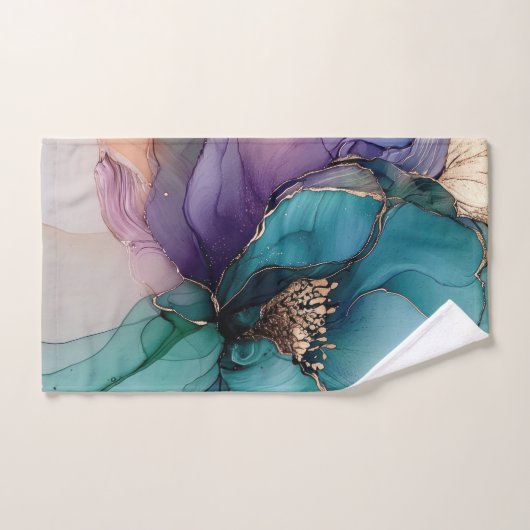  Aqua Blue Paarse Gouden Bloem Handdoek (Handdoek)