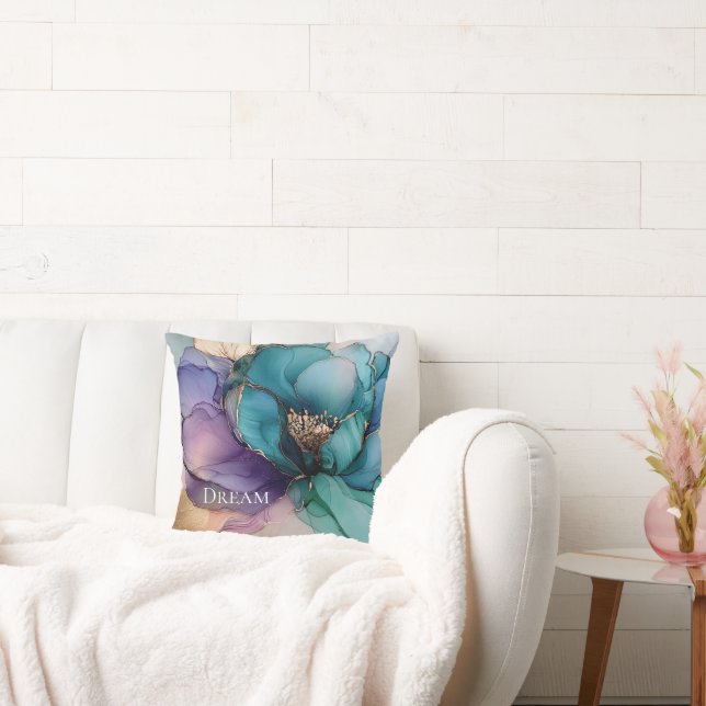 Aqua Blue Paarse Gouden Bloem Kussen (Bank)