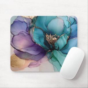 Aqua Blue Paarse Gouden Bloem Muismat