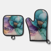  Aqua Blue Paarse Gouden Bloem Ovenwant & Pannenlap Set (Voorkant)