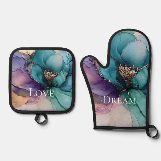 Aqua Blue Paarse Gouden Bloem Ovenwant & Pannenlap Set (Voorkant)