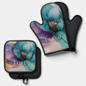  Aqua Blue Paarse Gouden Bloem Ovenwant & Pannenlap Set (Voorkant / Achterkant)