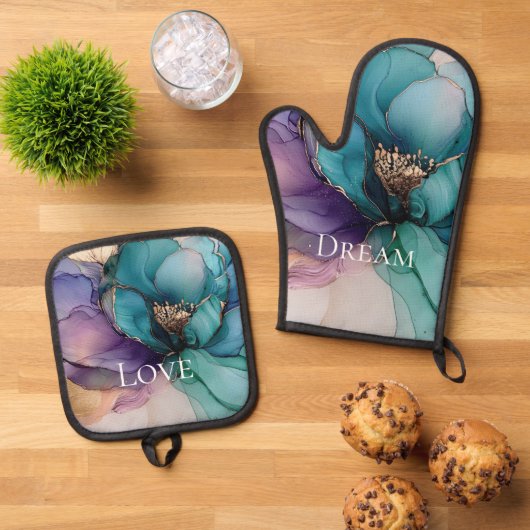  Aqua Blue Paarse Gouden Bloem Ovenwant & Pannenlap Set (Top down)