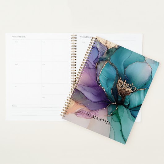 Aqua Blue Paarse Gouden Bloem Planner (Display)
