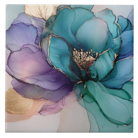  Aqua Blue Paarse Gouden Bloem Tegeltje (Voorkant)