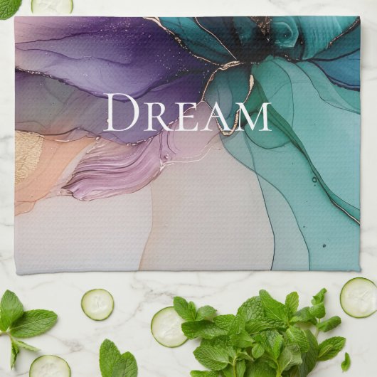  Aqua Blue Paarse Gouden Bloem Theedoek (Gevouwen)