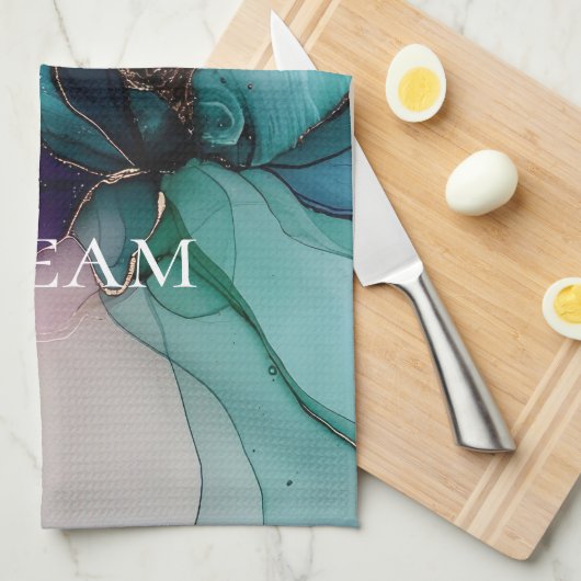  Aqua Blue Paarse Gouden Bloem Theedoek (Quarter Fold)