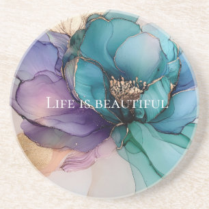 Aqua Blue Paarse Gouden Bloem Zandsteen Onderzetter