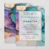 Aqua Blue Paarse Gouden Bloemen Glitter Verjaardag Kaart (Voorkant / Achterkant)