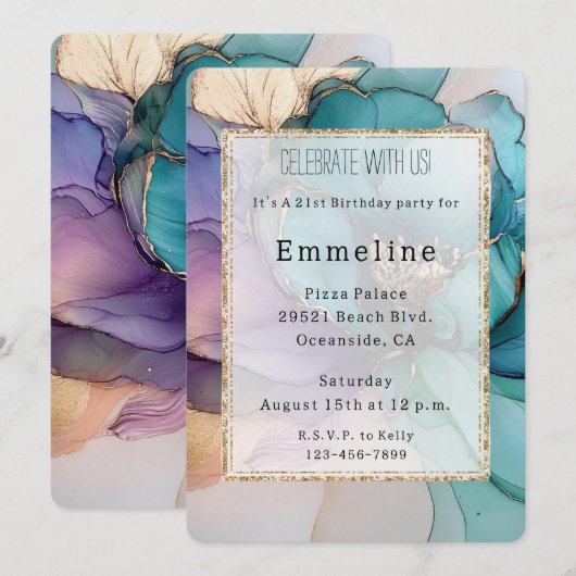 Aqua Blue Paarse Gouden Bloemen Glitter Verjaardag Kaart (Voorkant / Achterkant)